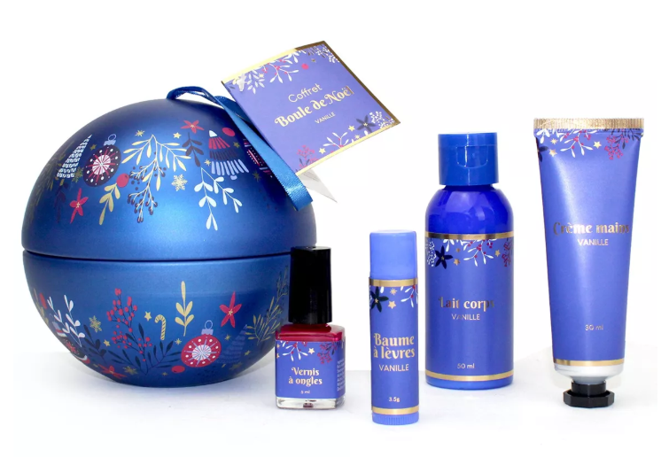 Coffret Boule de Noël Cosmétiques – Lait Corps, Crème Mains, Baume & Vernis | Parfum Vanille
