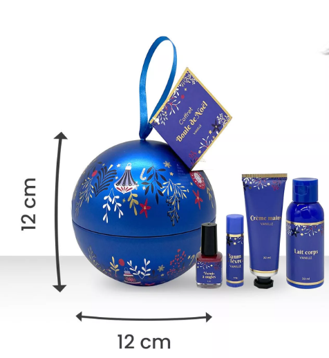 Coffret Boule de Noël Cosmétiques – Lait Corps, Crème Mains, Baume & Vernis | Parfum Vanille