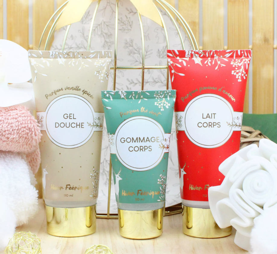 Coffret Cadeau Soins du Corps en Cage Dorée – Gel Douche, Lait & Gommage | Idée Cadeau Bien-Être