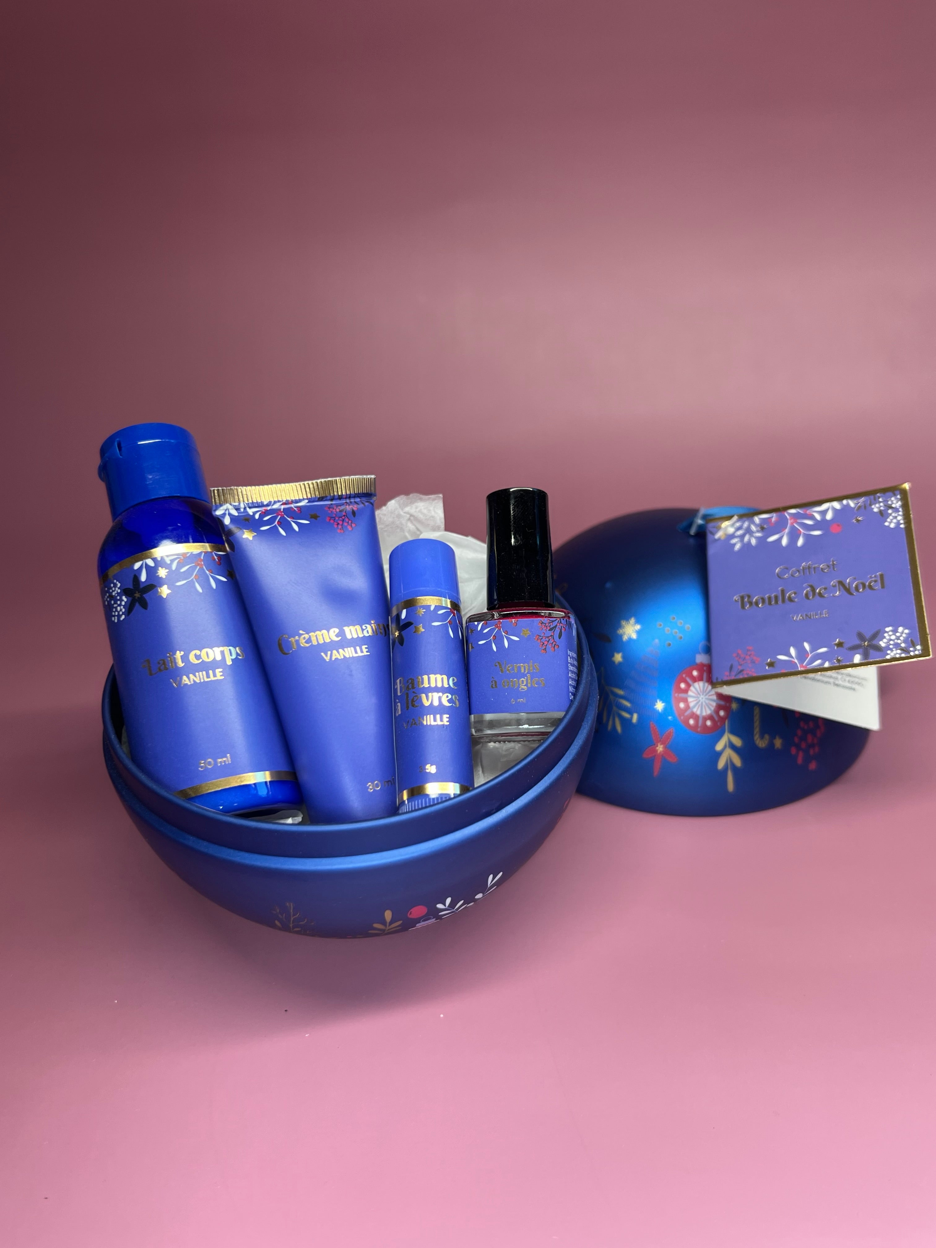 Coffret Boule de Noël Cosmétiques – Lait Corps, Crème Mains, Baume & Vernis | Parfum Vanille
